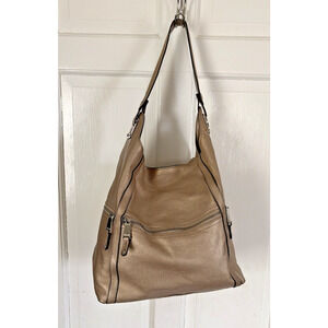 Tignanello Hobo Bag Purse Large Champagne Pebbled Leather Gold Jewel Tone Luxury